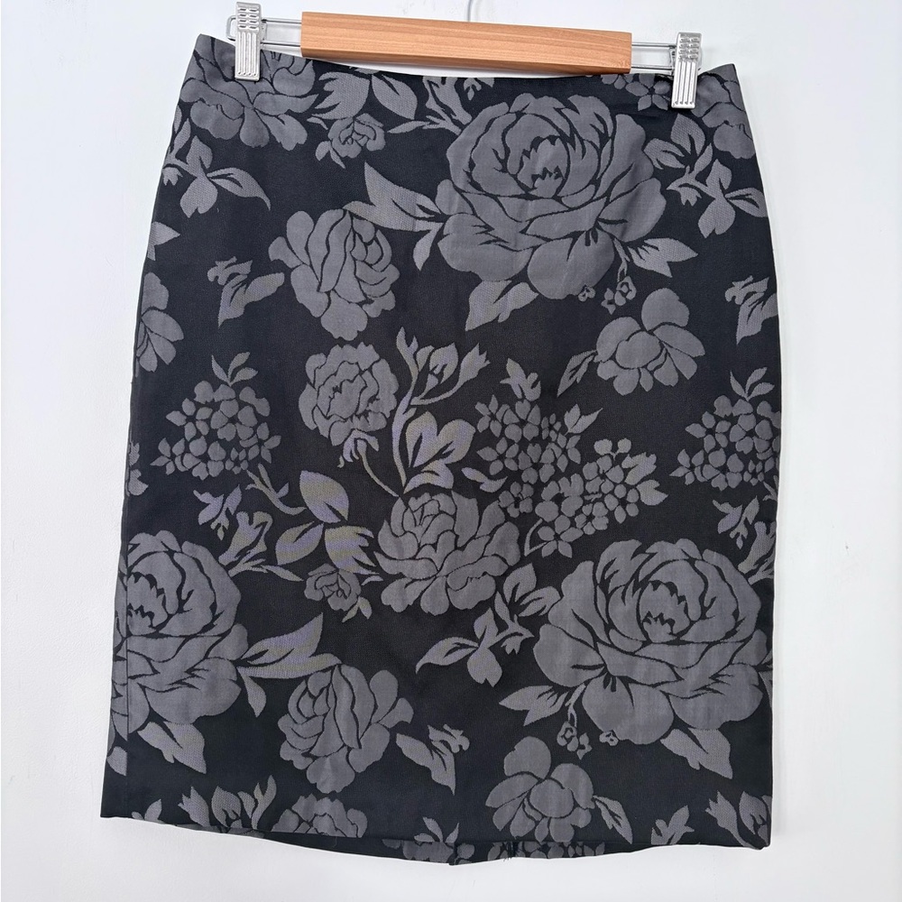 WHBL 4 Black Silver Floral Brocade Pencil Skirt Back Zip Slit Lined Classic City